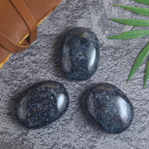 Indigo Gabbro Palm Stone, Large Oval Worry Stone for Chakra Healing, Hand Carved Pocket Massage Stone (55-60mm)