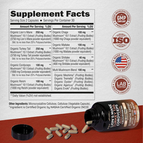 Mushroom Supplement - Organic Lion's Mane | Turkey Tail | Chaga | Cordyceps | Reishi | Maitake | Shiitake | Meshima | Tremella | Oyster | Agaricus - Made in USA - 12-in-1 Complex 12000 mg, 60 Capsules