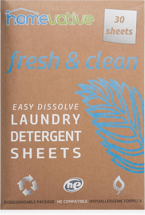 Homevative Laundry Detergent Sheets, 30 Sheets, Eco-Friendly, HE Compatible, Fresh & Clean, Up to 60 Loads