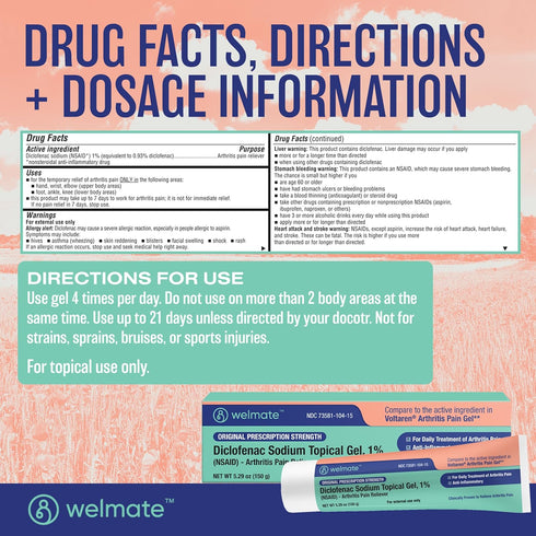 WELMATE Arthritis Pain Reliever - Diclofenac Sodium Topical Gel 1% - Over-The-Counter Medication - Pain Relief