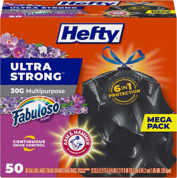 Hefty Ultra Strong 30 Gallon Trash Bags, Black, Multipurpose, Break Resistant Drawstring Closure, 50 Bags
