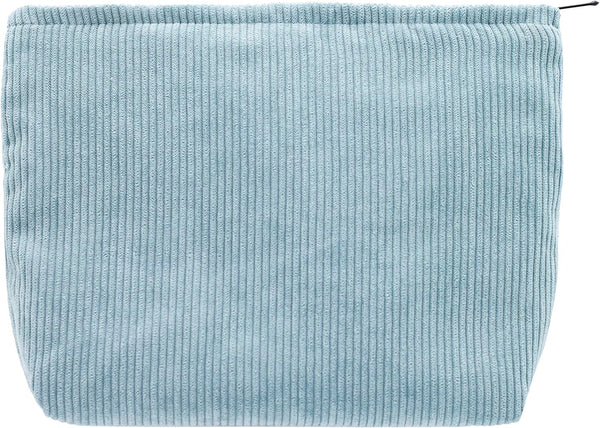 Large Zipper Corduroy Makeup Bag for Women, Travel Canvas Cosmetic Organizer, Brush Storage, Blue