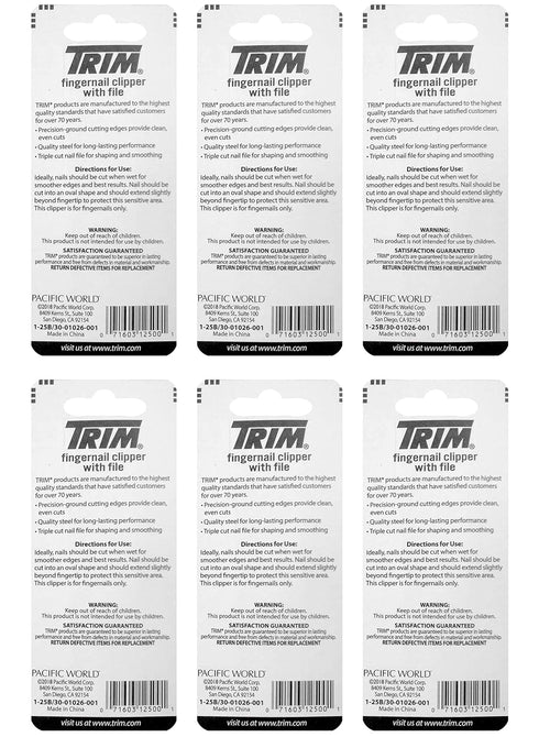 Trim Nailcare Fingernail Steel Clipper with File, Item Number 12500, (Pack of 6)
