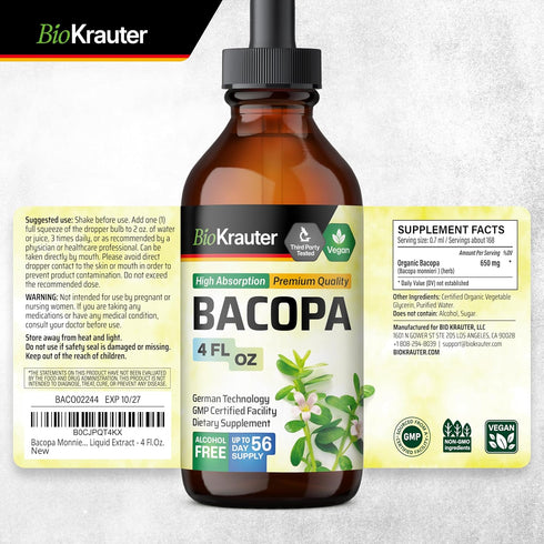 Bacopa Monnieri Organic Tincture - Cognitive Health Support Liquid Supplement - Alcohol & Sugar Free Vegan Drops, 4