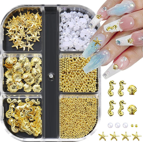 Summer Nail Charms, 3D Beach Seashell Starfish Gold Gems for Ocean Theme Manicure Decoration Supplies