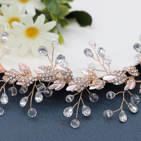 Rose Gold Crystal Bridal Headbands Wedding Headpieces Leaves Design Hair Band Hair Accessories for Brides Bridesmaid