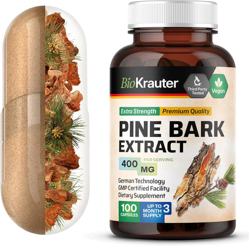 BIO KRAUTER Pine Bark Extract Capsules, 400 mg - 100 Count, Antioxidant Supplement, Vegan, No Fillers