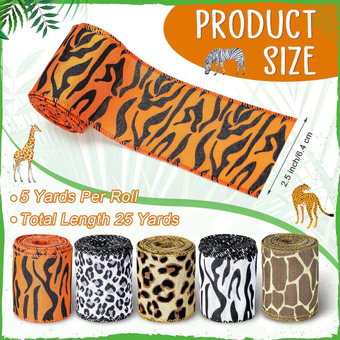 5 Rolls Jungle Animal Wired Ribbons 2.5 Inch for Safari Party Decorations, Burlap Wrapping, DIY Craft