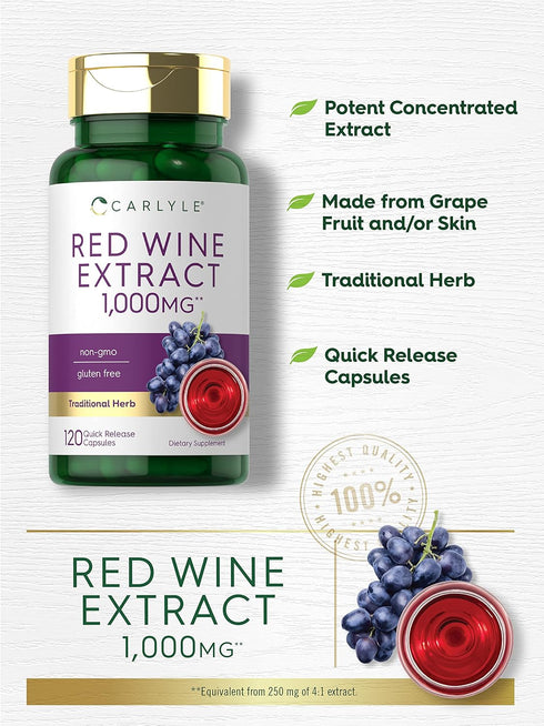 Carlyle Red Wine Extract Capsules | 1000mg | 120 Count | Non-GMO, Gluten Free Supplement