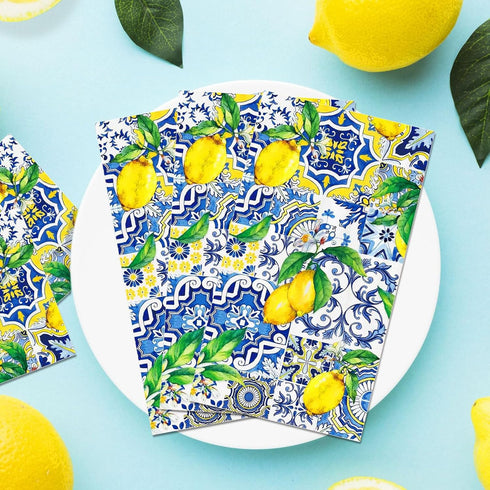 Ysqool 20 Summer Pcs Lemon Napkins, Blue and Yellow Tile Lemon Disposable Guest Towels, Fruit Napkins Decorative Paper