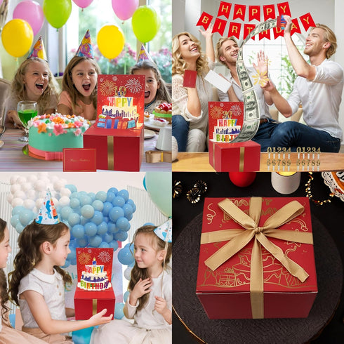 JINSTABAG 3D Birthday Money Box for Cash Gift, Money Pull Box with Music Light Cake and DIY Number Placard for Any Age