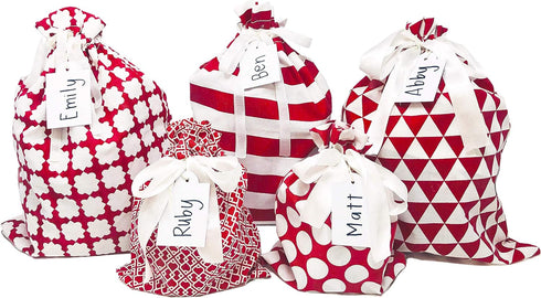 100% Cotton Gift Bags, Standard Set, Red, Set of 5 bags: three 16"x12" and two 10"x8"