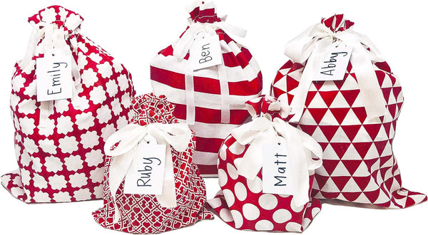 100% Cotton Gift Bags, Standard Set, Red, Set of 5 bags: three 16"x12" and two 10"x8"