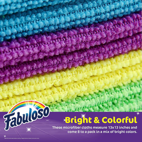 Fabuloso Microfiber Cleaning Cloths, 8 ct, Rainbow Colors, Lint-Free, Scratch-Free for Surfaces and Wood Furniture