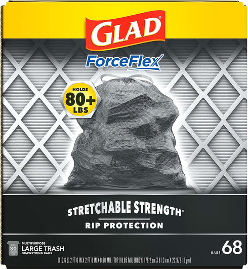Glad Trash Bags - ForceFlex Large Garbage Bags, 30 Gallon Black Trash Bag, 68 Count (Package May Vary)