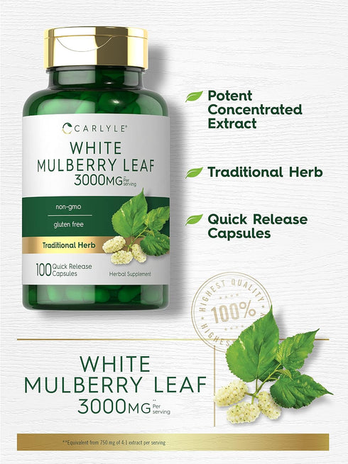 Carlyle Mulberry Leaf Extract | 3000mg | 100 Capsules | Non-GMO & Gluten Free Herbal Supplement