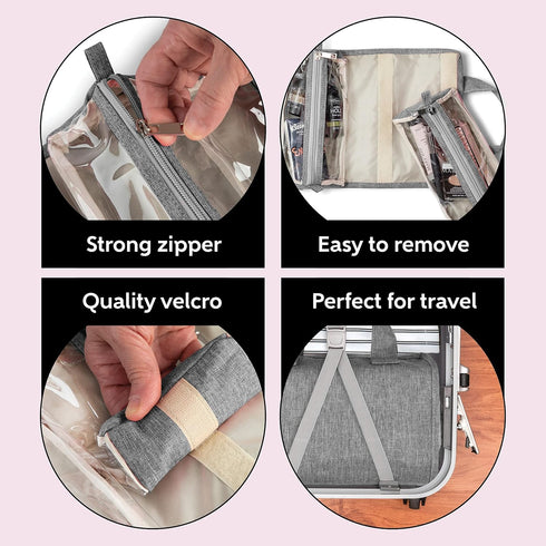A F 4-in-1 Hanging Toiletry Bag, Roll-up Makeup Organizer with 4 Detachable PVC Zip Pouches, Gray