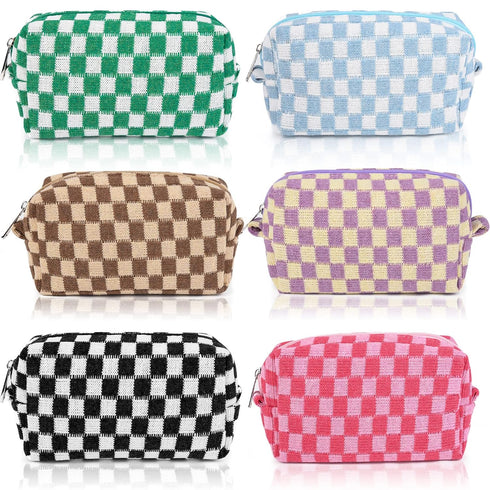 6 Pcs Checkered Makeup Bag - Preppy Cosmetic Bag Bulk, Pink Black Makeup Pouch, Personalize Travel Toiletry Organizer