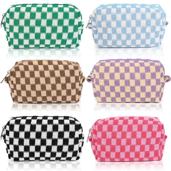 6 Pcs Checkered Makeup Bag - Preppy Cosmetic Bag Bulk, Pink Black Makeup Pouch, Personalize Travel Toiletry Organizer