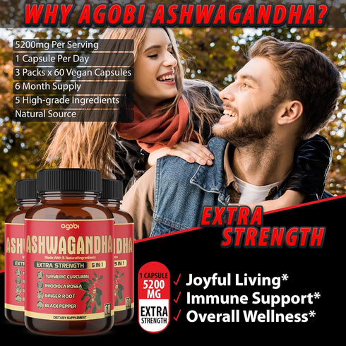 3 Packs Ashwagandha Supplement 5200mg - 5in1 with Ginger, Turmeric, Rhodiola Rosea, 6-Month Supply