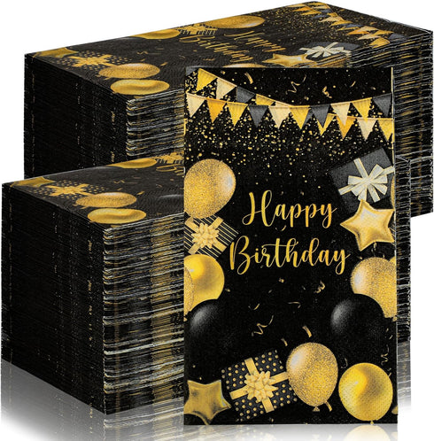Zonon 200 Pcs Happy Birthday Guest Napkins Black and Gold Themed Disposable Party