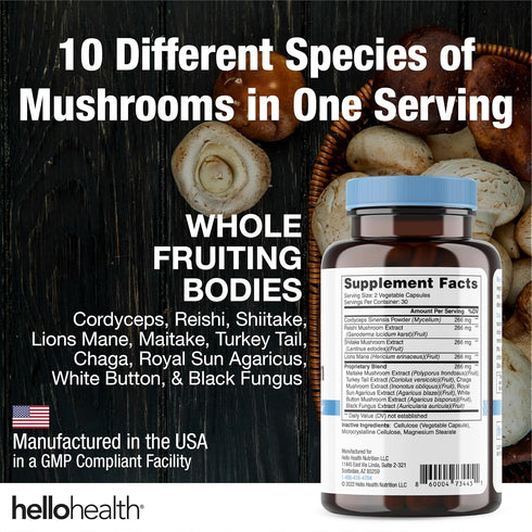 Happy Brain Mushroom Complex Nootropics Supplement, 10 Mushroom Supplement for Mental Clarity, Energy & Immune Support