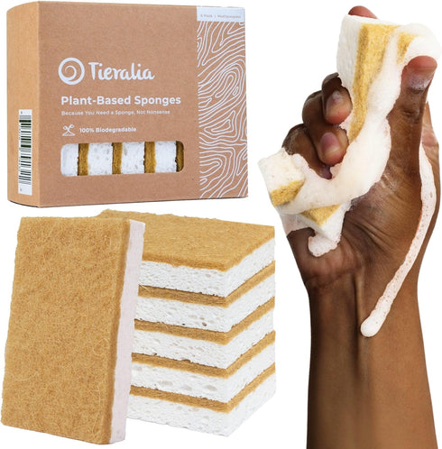 Tieralia Natural Dish Sponge Set 6-Pack Eco-Friendly & Compostable Scrubbers | Cellulose