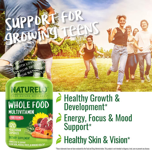 NATURELO Whole Food Multivitamin for Teens - Vitamins & Minerals for Teenage Boys & Girls, Non-GMO, Vegan & Vegetarian