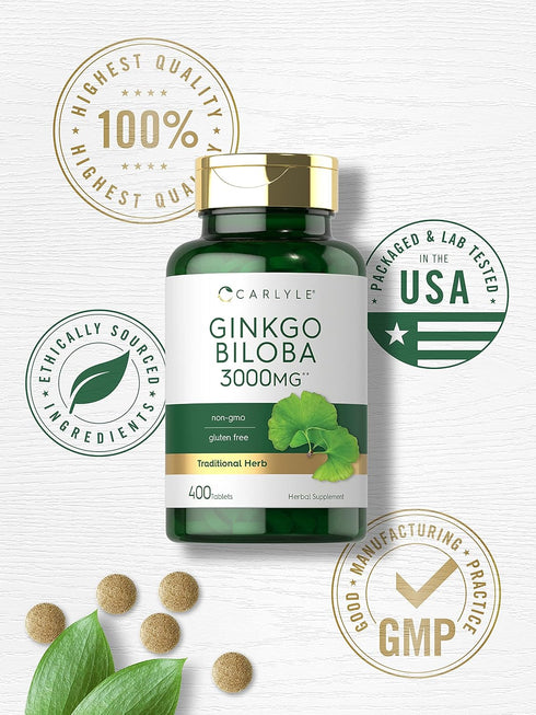 Carlyle Ginkgo Biloba 3000mg - 400 Tablets, Non-GMO, Gluten Free Supplement
