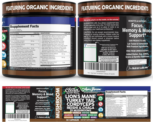 Immune 60 AuraShroom Mushroom Supplement Lions Mane Turkey Tail Cordyceps Reishi Shiitake Chaga Oyster Stress Relief
