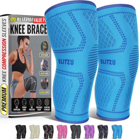 Knee Brace for Women & Men, 2 Pack Compression Sleeve for Pain Relief, Running, Sports, Blue M
