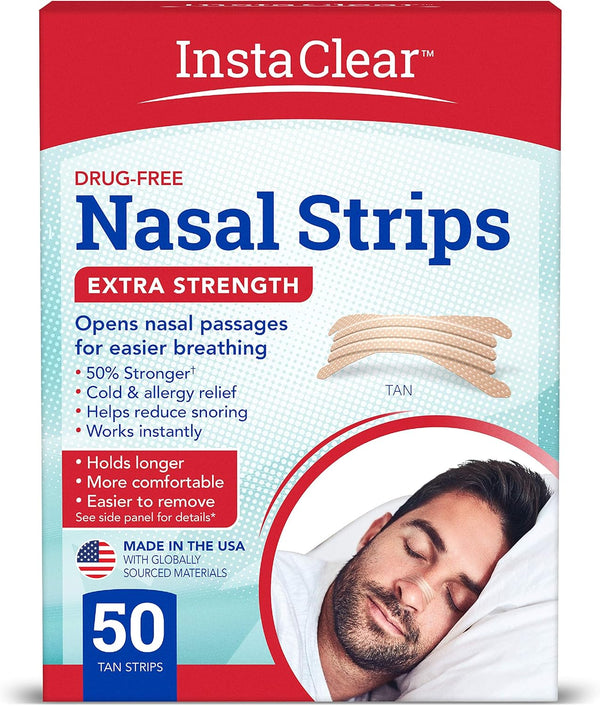Extra-Strength Nasal Strips, Tan 50 ct | Instant Relief for Nasal Congestion, Stops Snoring, Cold & Allergy