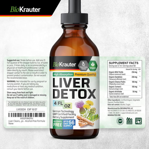 BIO KRAUTER Liver Detox Liquid - Milk Thistle, Chanca Piedra, Turmeric, Dandelion, Artichoke - Vegan Drops 4 Fl. Oz.