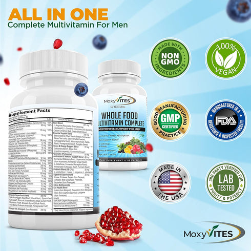 Mens Multivitamins - Daily Vegan Vitamins for Men with Iron, Probiotics, B-Complex, 44 Organic Whole Food