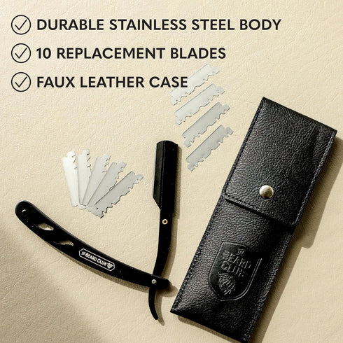 The Beard Club Straight Razor for Men - Premium Cutthroat Razor Kit with 10 Replaceable Blades & Leather Case