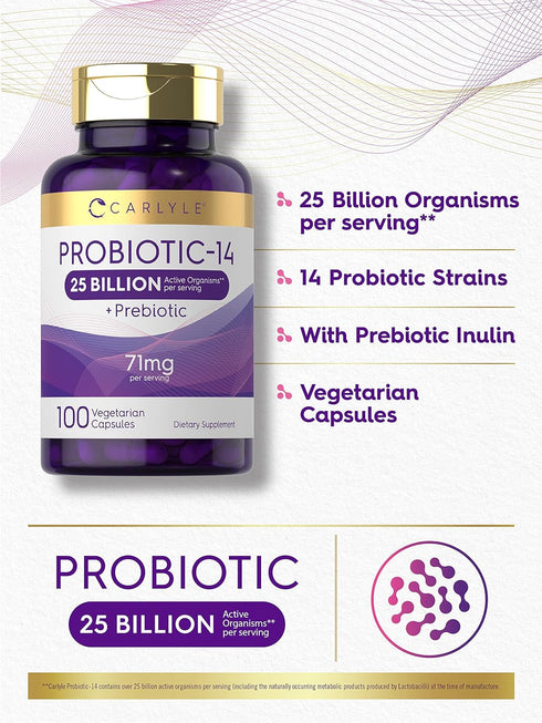 Carlyle Probiotics, 25 Billion CFU, 100 Capsules, Vegetarian, Non-GMO, Gluten Free Supplement for Men & Women