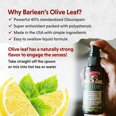 Barlean's Olive Leaf Complex Throat Spray with Peppermint, Lemon, & Sage for Immune Support, 1.5 oz Liquid Extract