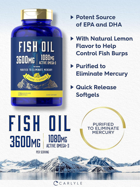 Carlyle Fish Oil 3600mg | 120 Count | 1080mg Omega 3 | Non-GMO and Gluten Free Supplement