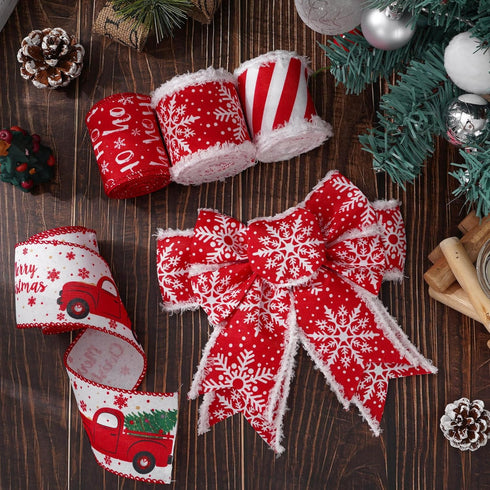AnyDesign 24 Yards Christmas Wired Edge Ribbon, Red White Xmas Snowflake Truck Fabric Craft Ribbon for Gift Wrapping, 4