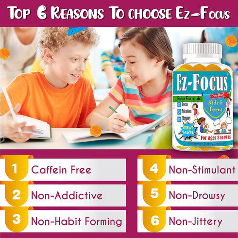 Ez Focus Gummies for Kids - Chewable Focus Vitamins for Brain Support, Attention & Calming, Natural Omegas DHA