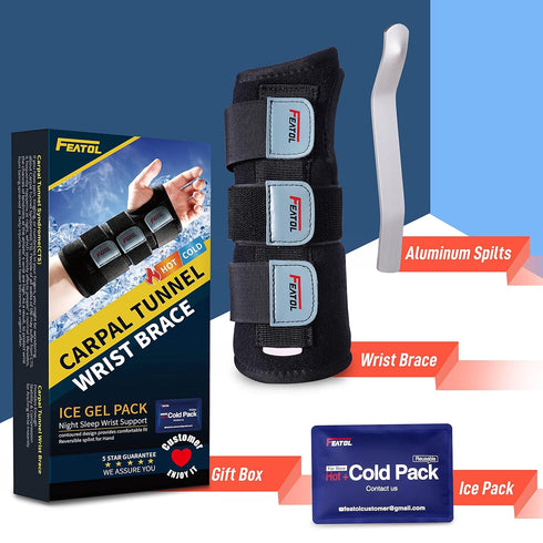 FEATOL Adjustable Wrist Brace for Carpal Tunnel, Night Support with Splint, Hot/Ice Pack, Large/X-Large, Left Hand