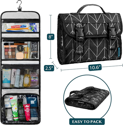 PAVILIA Travel Hanging Toiletry Bag for Women Men, Large Capacity Makeup Bag Kit, Waterproof Cosmetic Storage Organizer Case for Bathroom Shower, Black Chevron