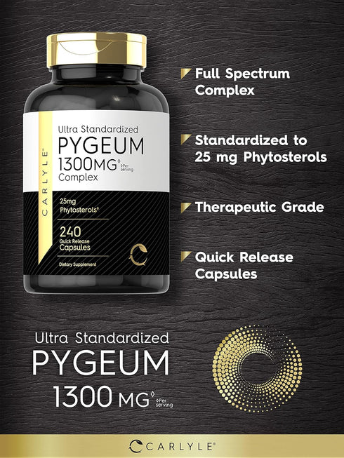 Carlyle Pygeum Standardized 1300mg Africanum Bark Extract Supplement, 240 Capsules, Non-GMO, Gluten Free