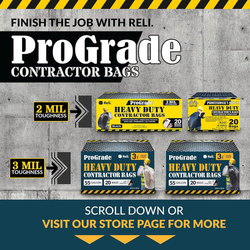 Reli. 55 Gallon Heavy Duty Contractor Trash Bags, 20 Bags, 3 Mil, Twist Ties Included, Clear Construction Bags