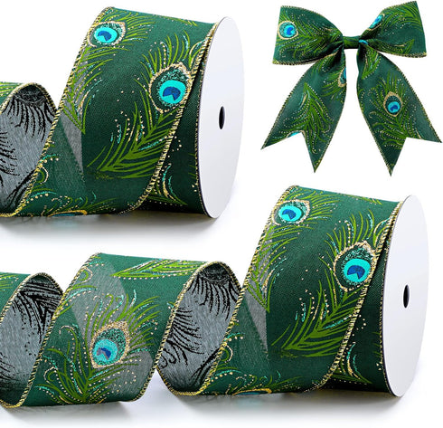Syhood 2 Rolls Peacock Print Wired Ribbons, 10 Yards Gold Glitter Decorative for Christmas Decor and DIY Crafts (2.5