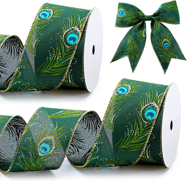 Syhood 2 Rolls Peacock Print Wired Ribbons, 10 Yards Gold Glitter Decorative for Christmas Decor and DIY Crafts (2.5