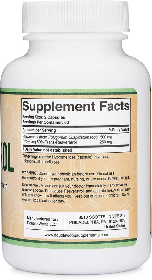 Resveratrol Supplement 500mg, 120 Capsules, Healthy Aging Support by Double Wood, 50% Trans Resveratrol