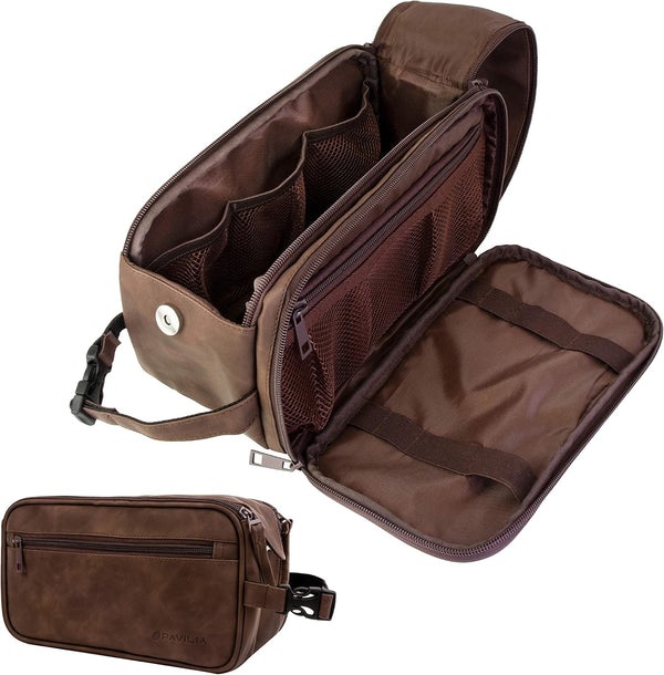 PAVILIA Toiletry Bag for Men, Dark Brown Travel Essentials Shaving Dopp Kit, Organizer Case for Grooming