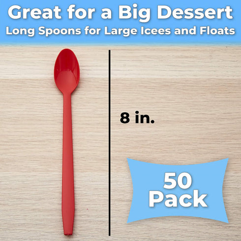 Extra Long Red 8in Premium Sundae Spoons - 50ct Heavy Duty Disposable Plastic Utensils for Ice Cream