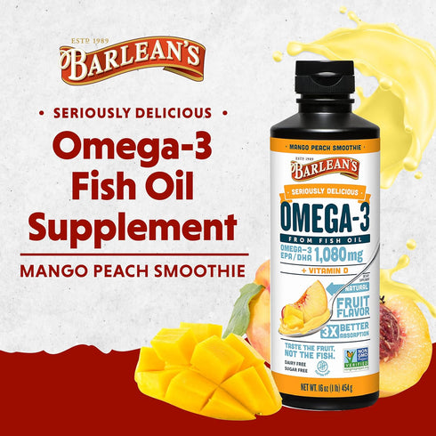 Barlean's Mango Peach Omega 3 Fish Oil Liquid Supplement, 16 oz, Smoothie Flavored